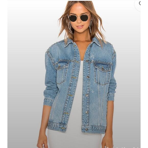 Free People Studded Oversized Denim Trucker Jacket Medium Distressed Blue Boho - Picture 1 of 13